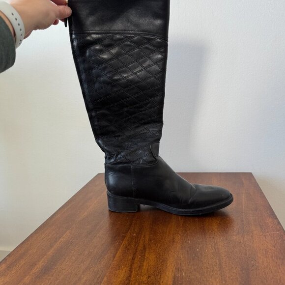 Tory Burch Claremont Quilted Pattern Leather Riding Boots Black - Picture 7 of 16